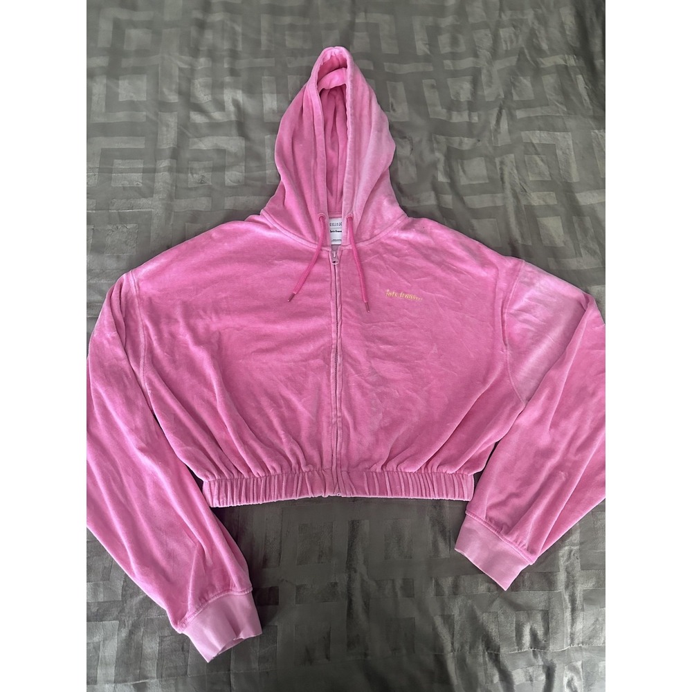 iets frans... Hoodie Womens XL Pink Cropped Zip Up Elastic Hem Velour Gold Text